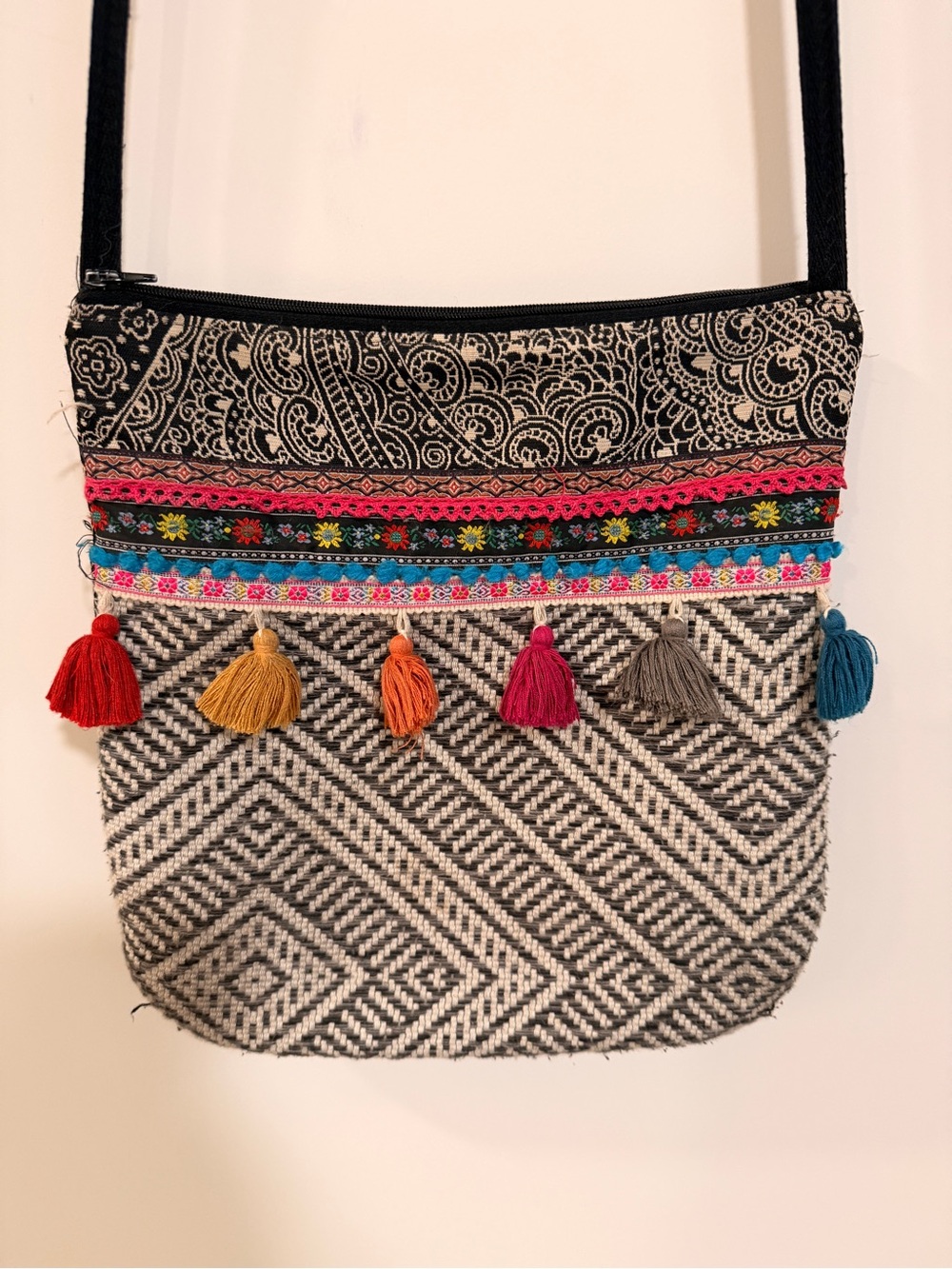Boho Multi-Tassel Crossbody Bag in Black & Multicolor